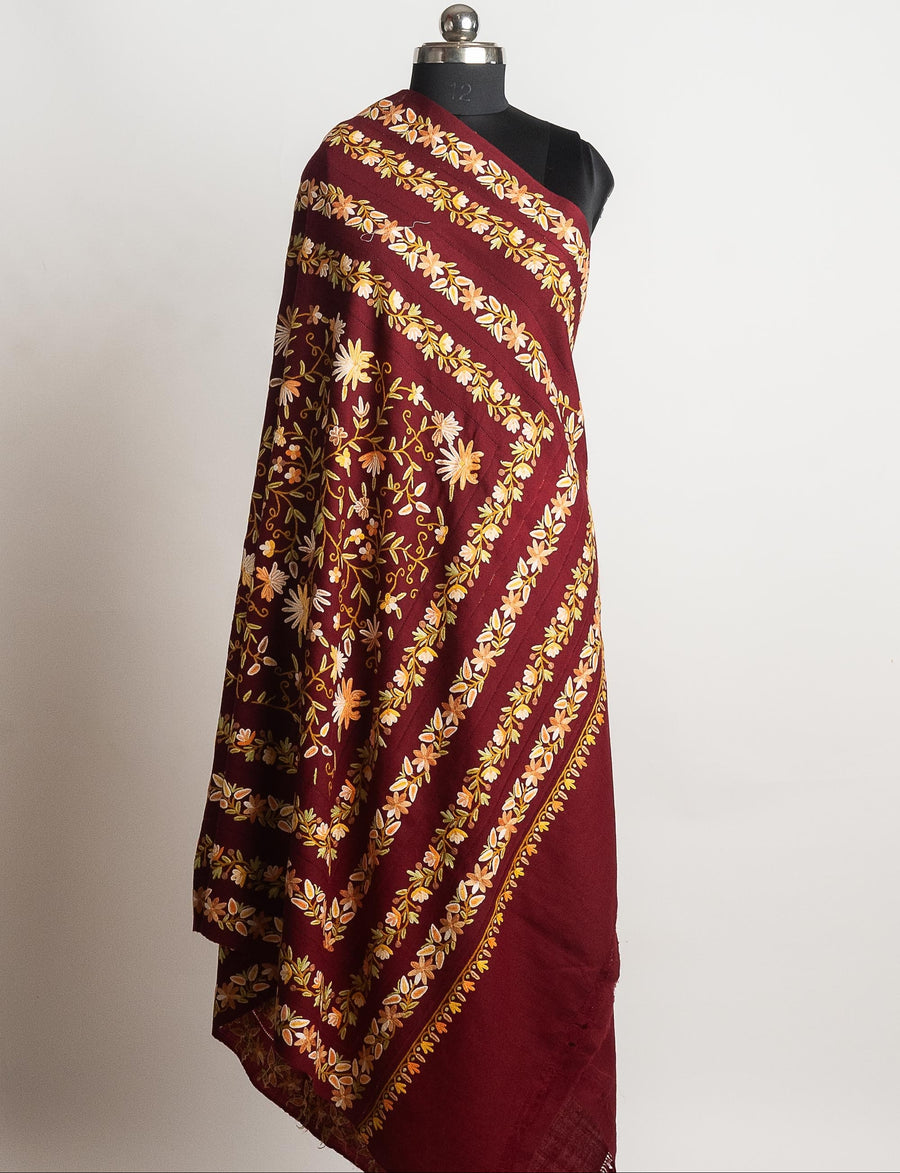 Maroon Merino Wool Shawl with Hand Aari Floral Embroidery