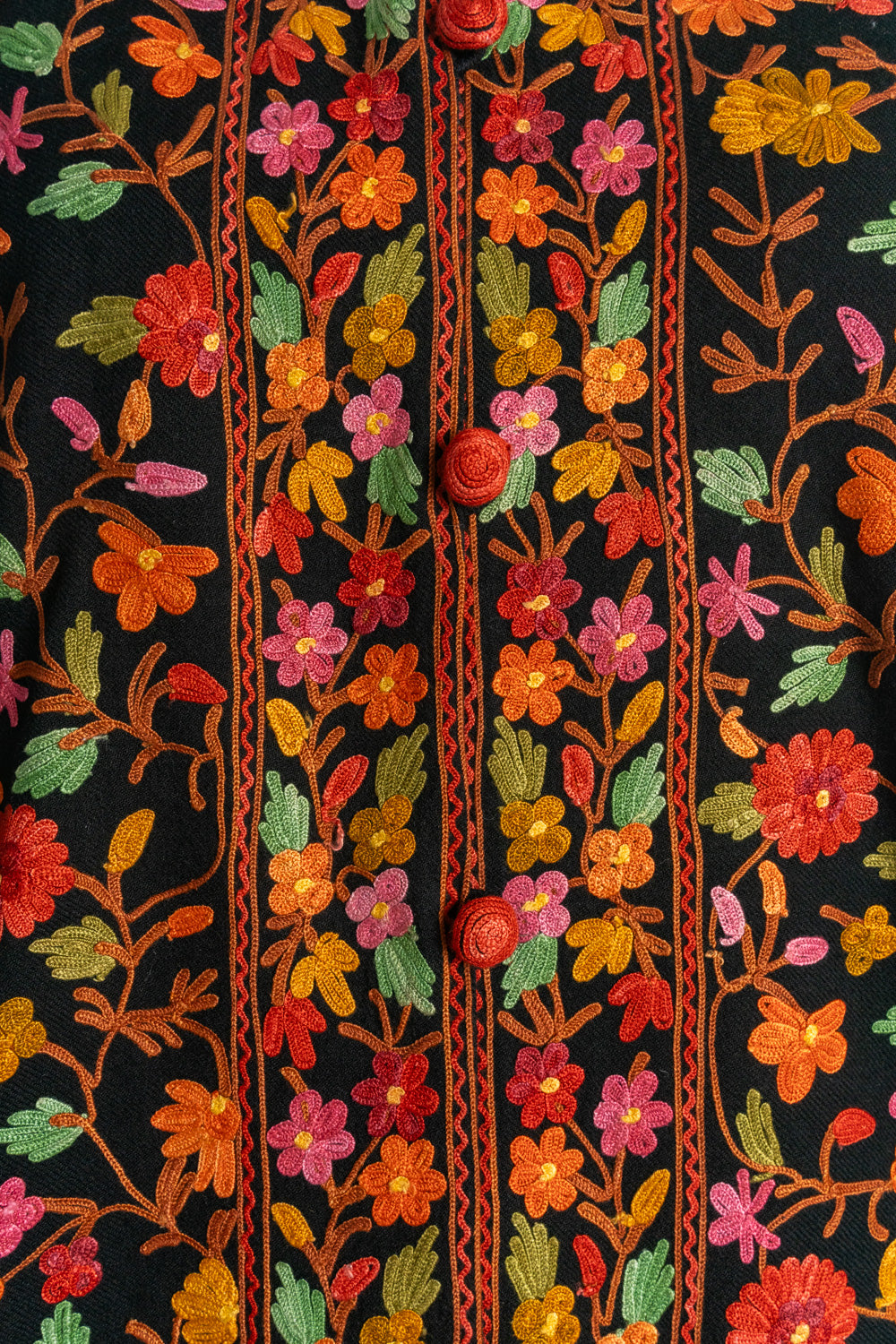 Close-up of red covered buttons between narrow Aari floral borders on a black jacket covered in bright flowers