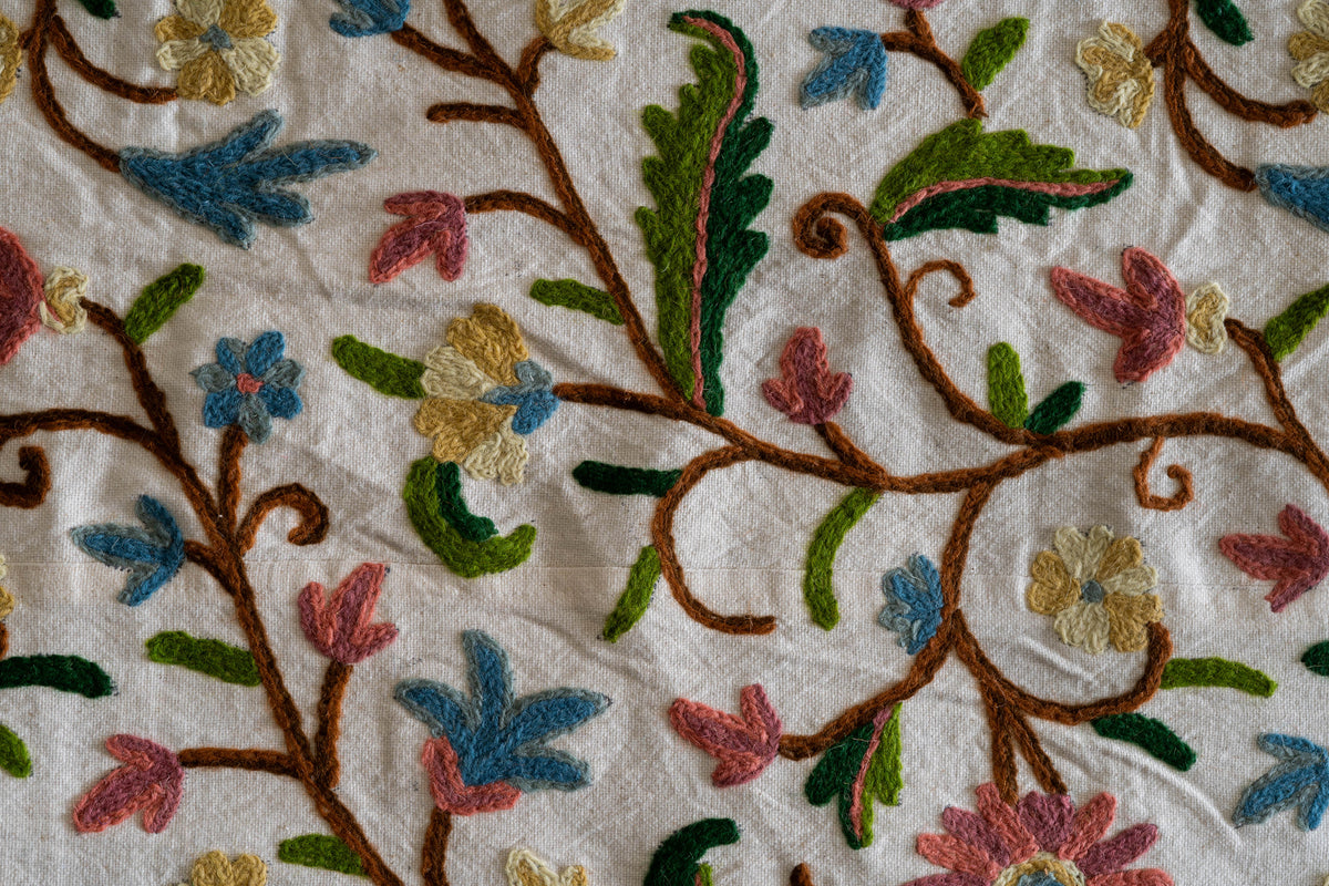 Close-up of raised Crewel embroidery with blue, pink and yellow flowers and green leaves on brown vines across cream cotton
