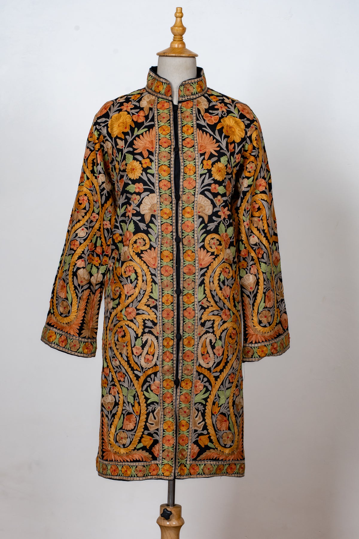 Noor-e-Zafran: Aari Embroidered Long Jacket in Black Base