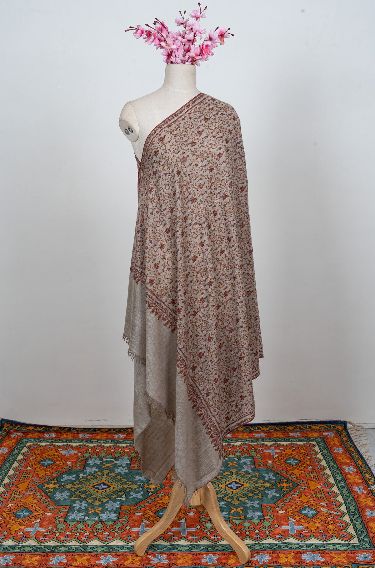 Whispered Sand Sozni Hand Embroidered Pashmina Shawl
