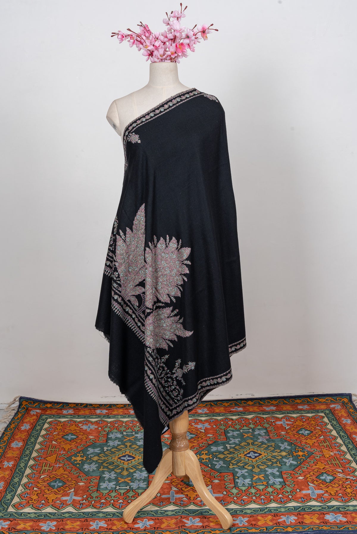 Midnight Bloom Sozni Hand Embroidered Pure pashmina Shawl