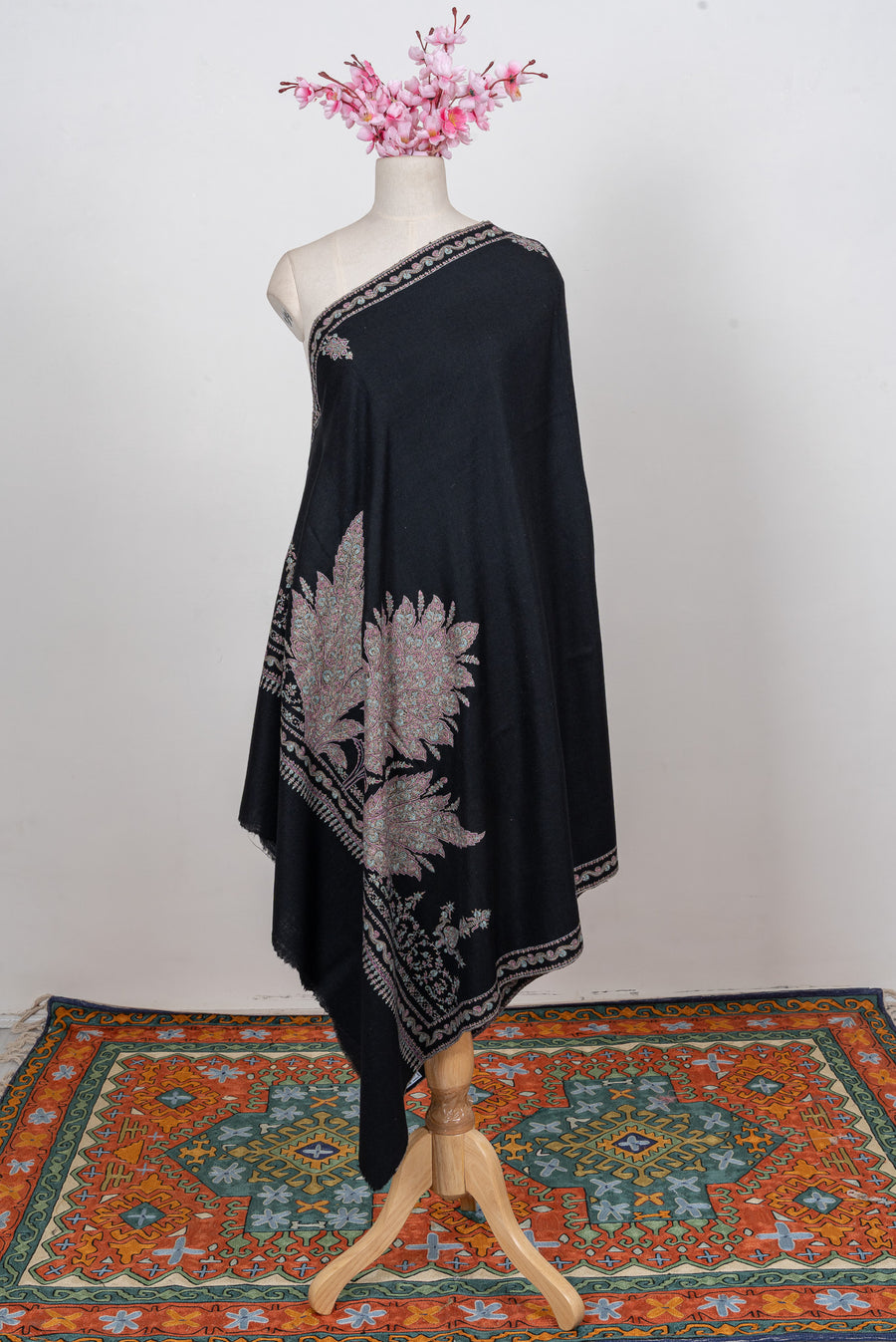 Midnight Bloom Sozni Hand Embroidered Pure pashmina Shawl