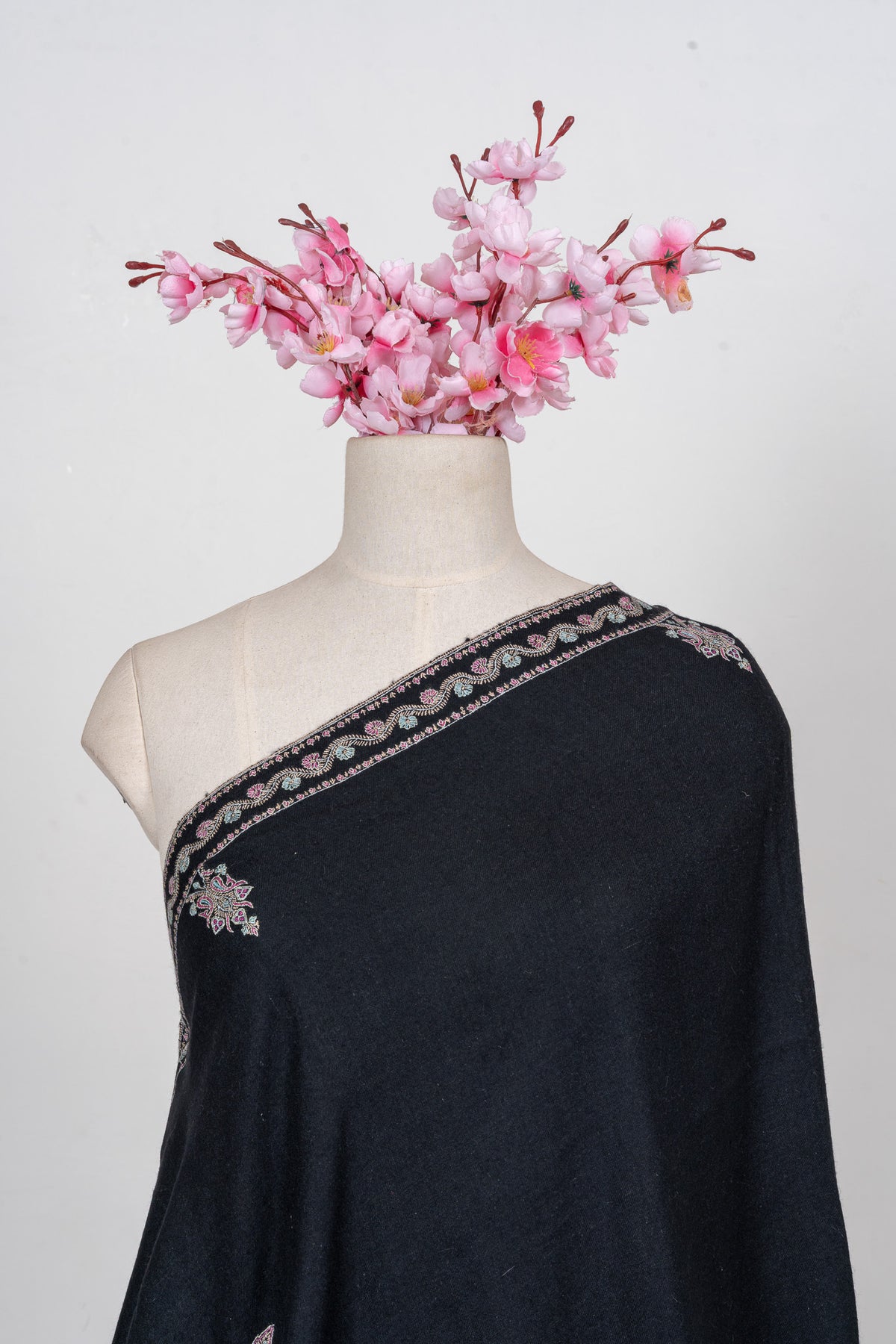 Midnight Bloom Sozni Hand Embroidered Pure pashmina Shawl