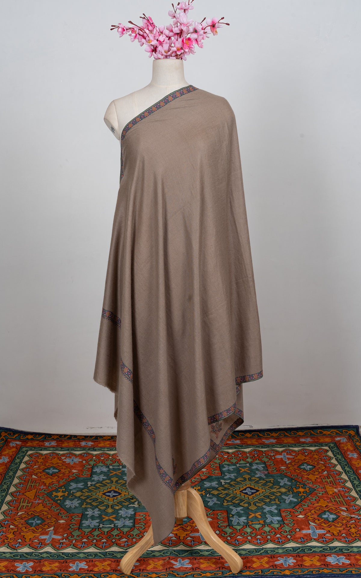 Taupe Serenity Sozni Hand Embroidered Pure Pashmina Shawl