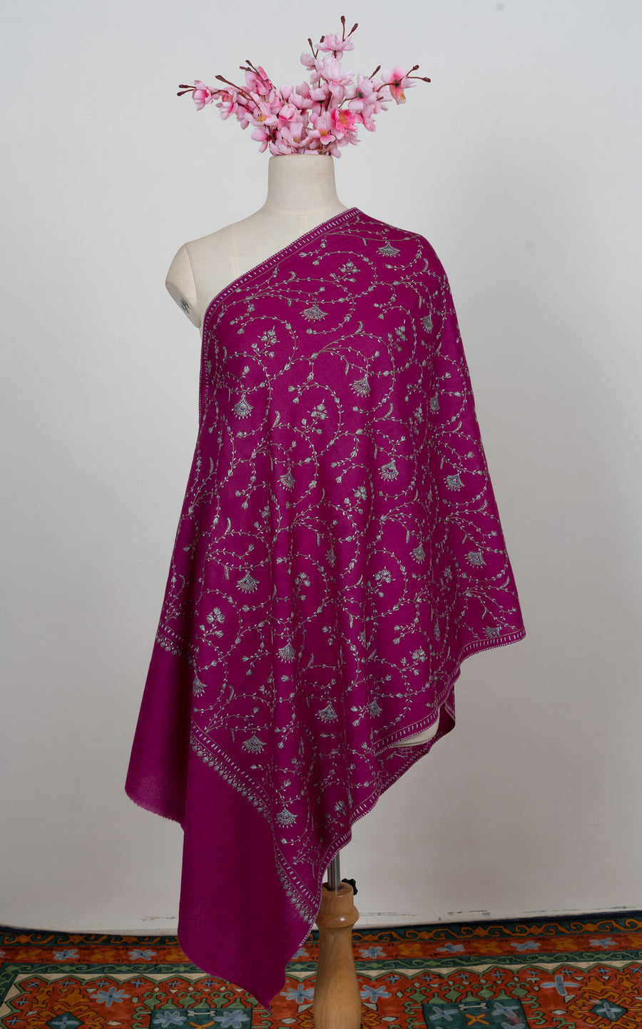Royal Berry Garden Sozni Hand Embroidered Merino Wool Stole