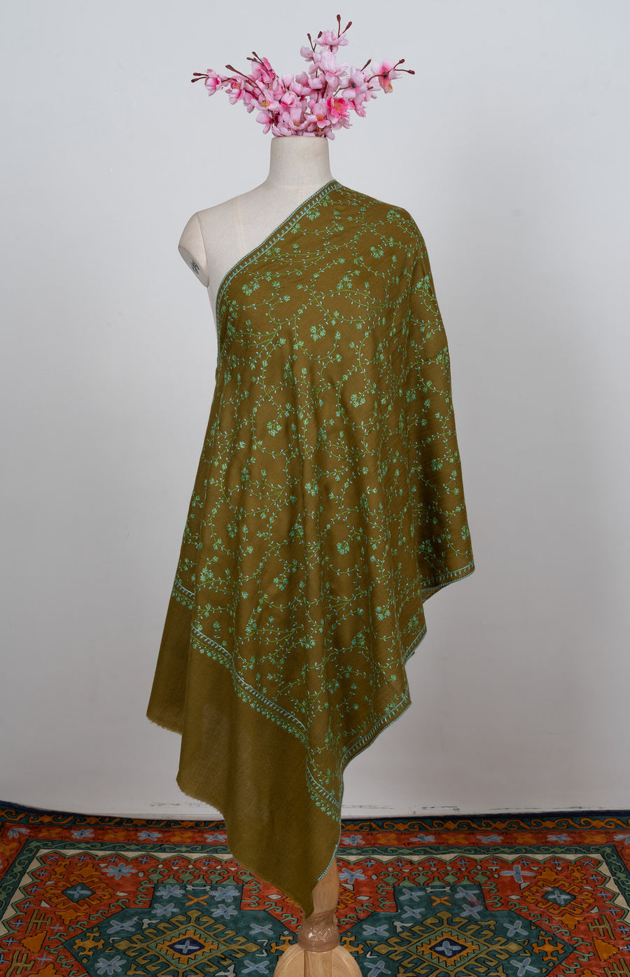 Olive Meadow Sozni Hand Embroidered Merino Wool Stole