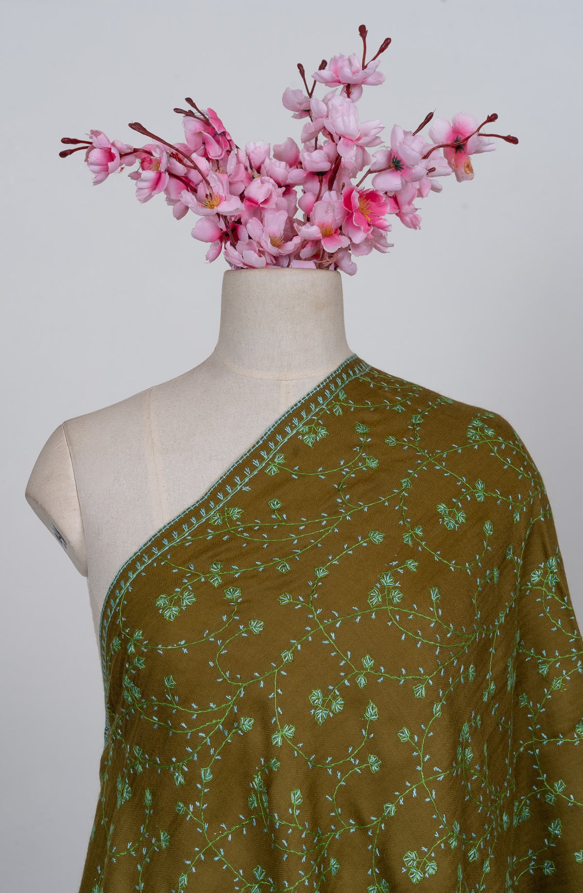 Olive Meadow Sozni Hand Embroidered Merino Wool Stole