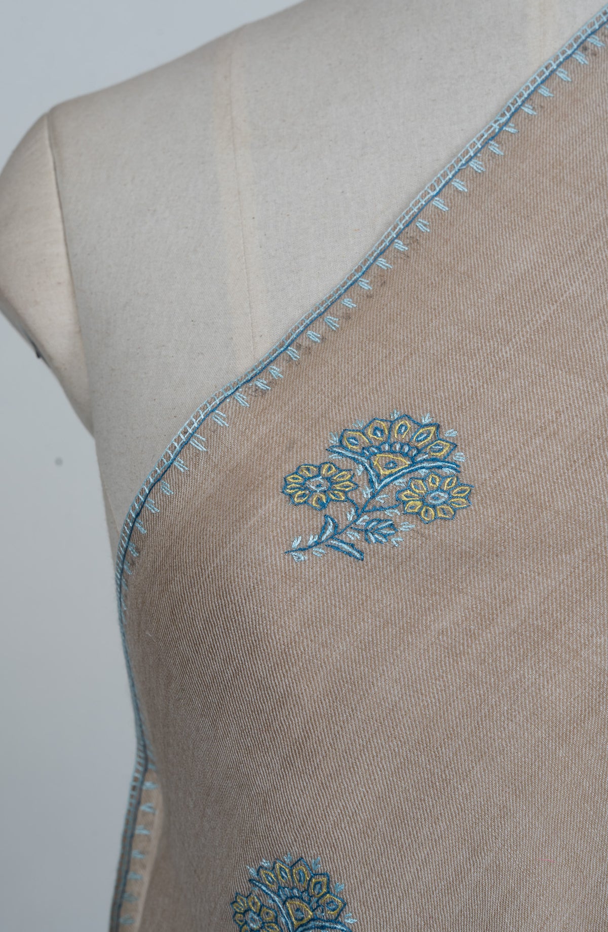 Powder Blue Buti Sozni Hand Embroidered Merino Wool Shawl