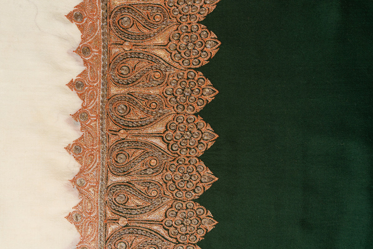 Enchanting Green and Ivory Kashmiri Tilla Embroidered Merino Wool Shawl