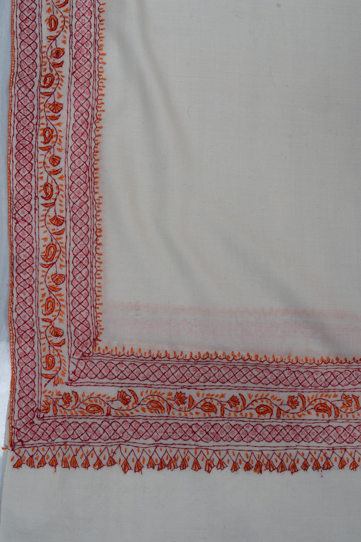 Snowbound Heritage Border Sozni Hand Embroidered Merino Wool Shawl