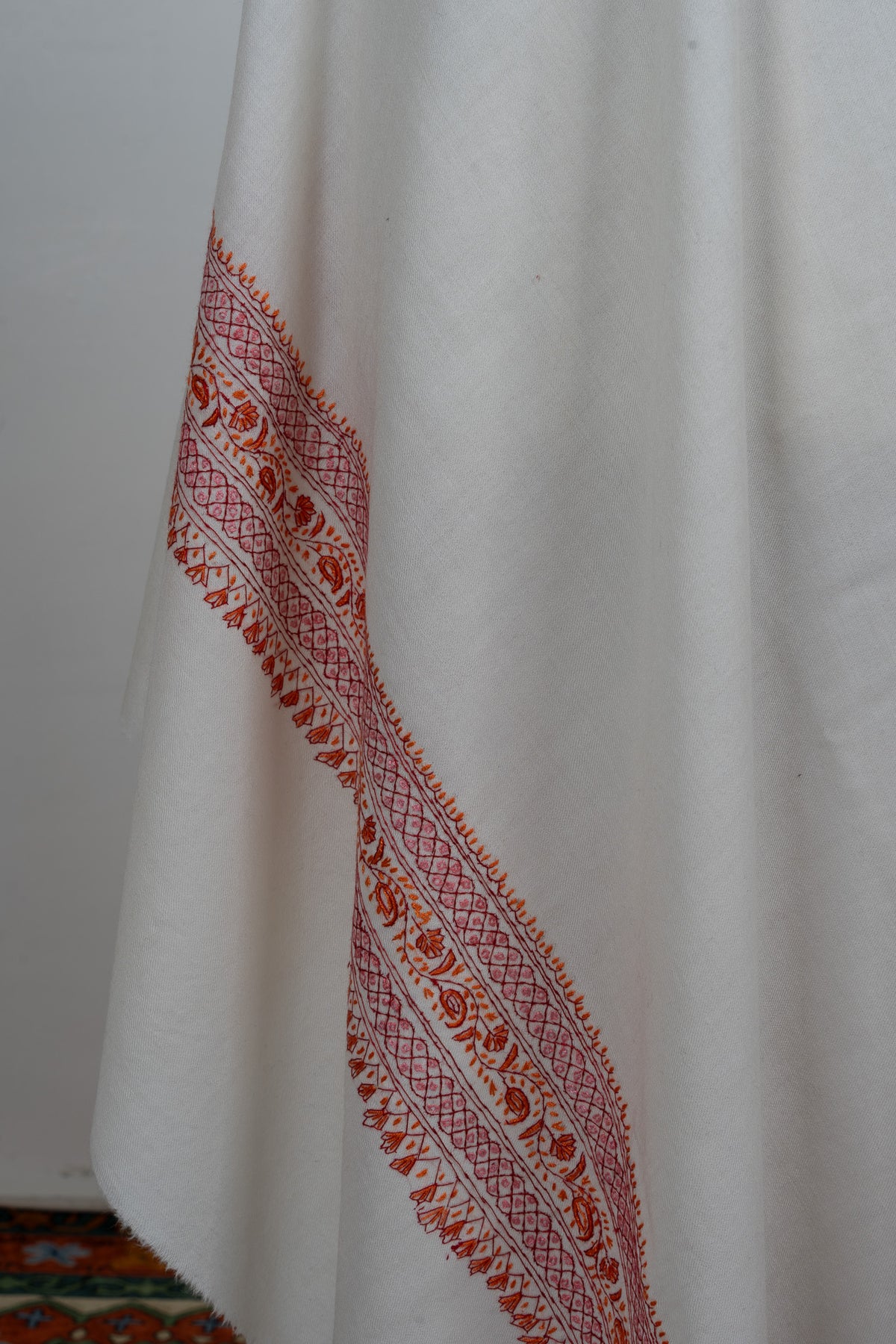 Snowbound Heritage Border Sozni Hand Embroidered Merino Wool Shawl
