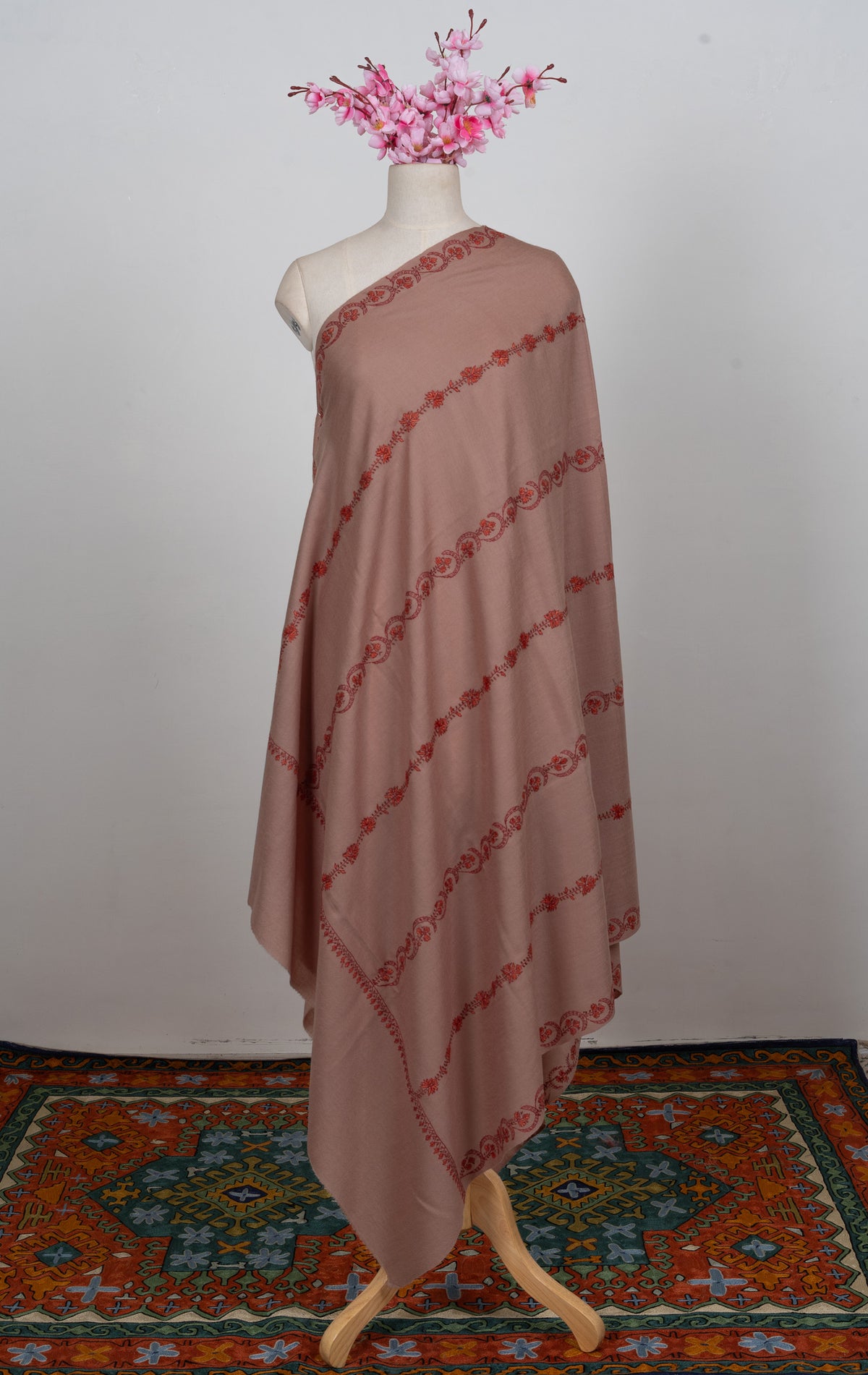 Blush Clay Sozni Hand Embroidered Merino Wool Shawl