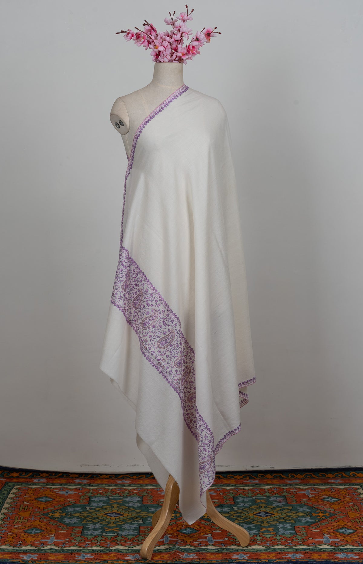 Moonlit Lavender Paisley Sozni Hand Embroidered Merino Wool Shawl