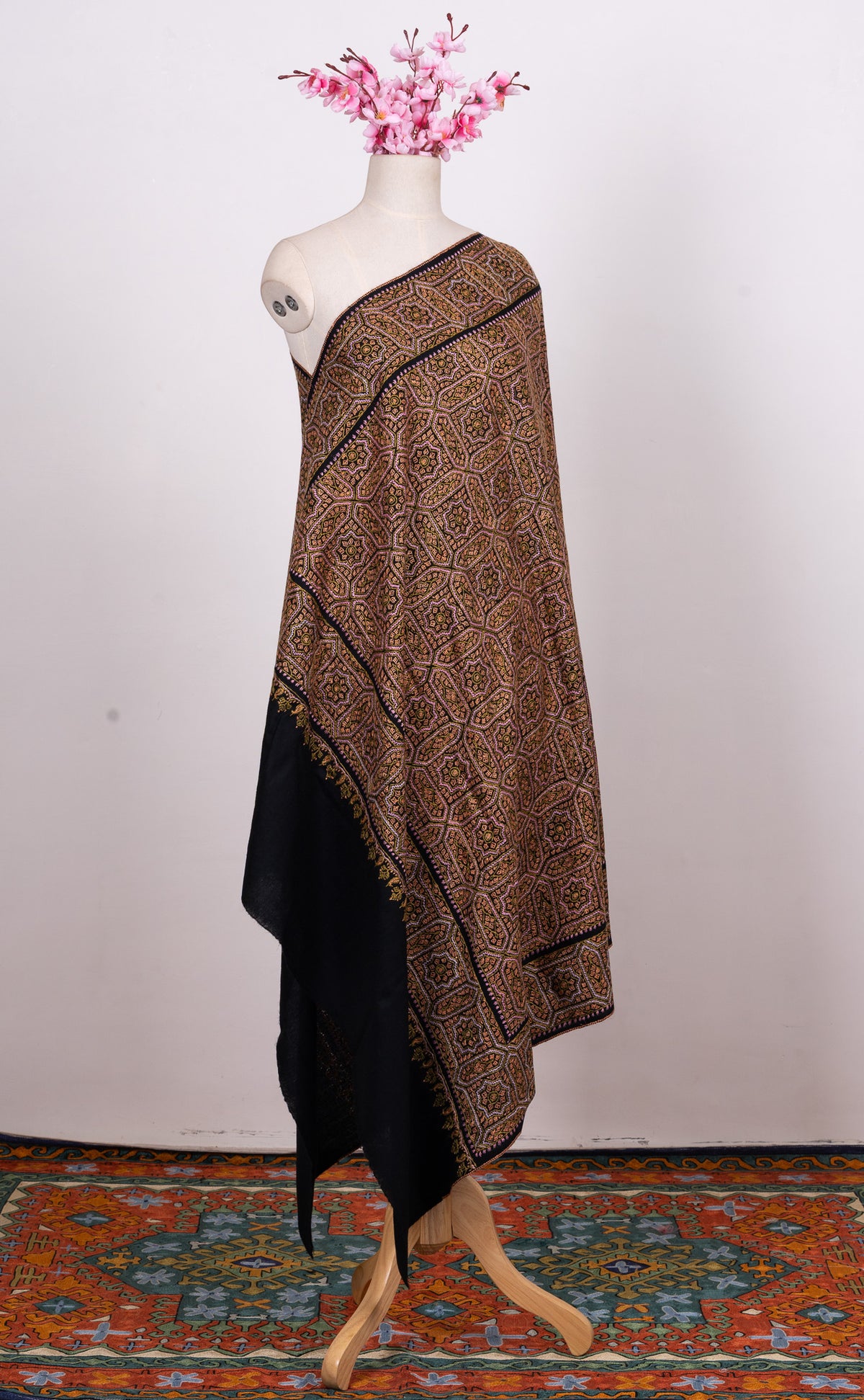 Antique Bronze Mosaic Sozni Hand Embroidered Merino Wool Shawl