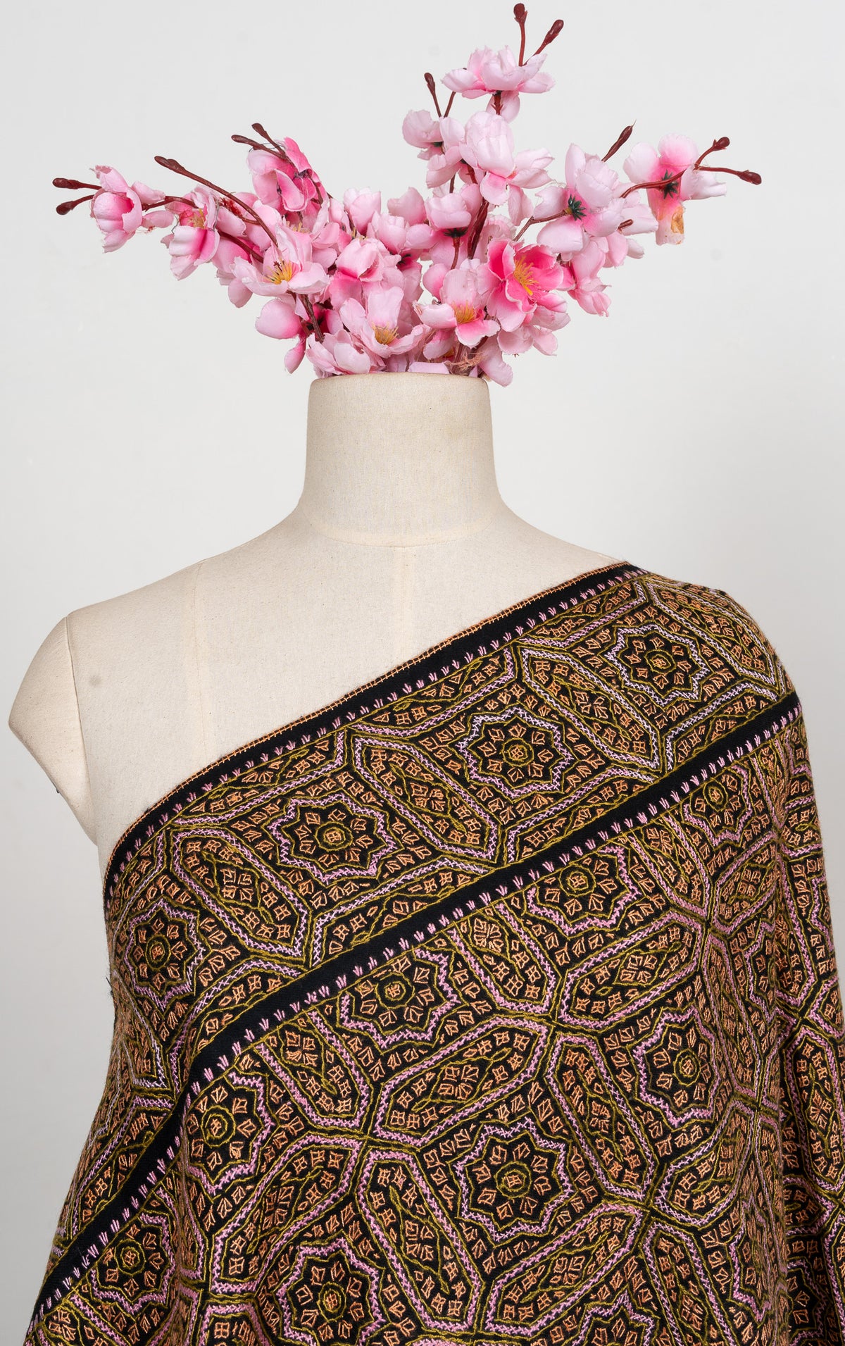 Antique Bronze Mosaic Sozni Hand Embroidered Merino Wool Shawl