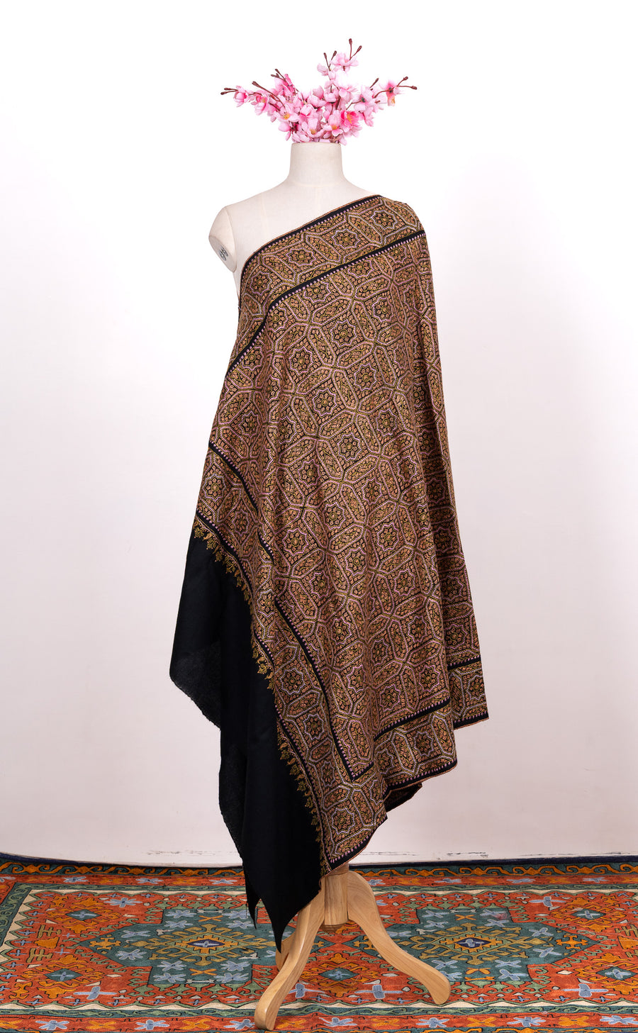 Antique Bronze Mosaic Sozni Hand Embroidered Merino Wool Shawl