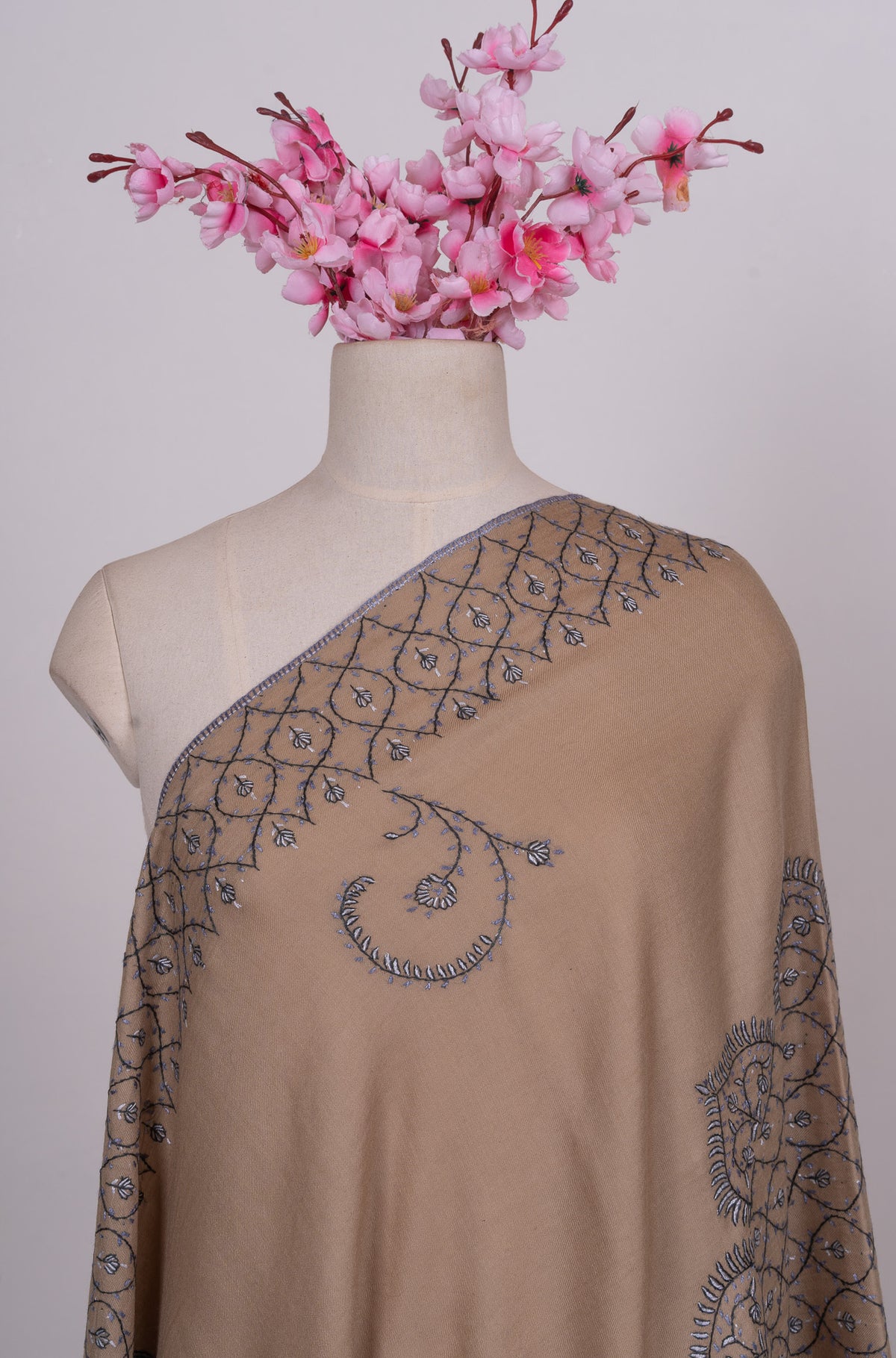 Desert Dusk Paisley Sozni Hand Embroidered Merino Wool Shawl