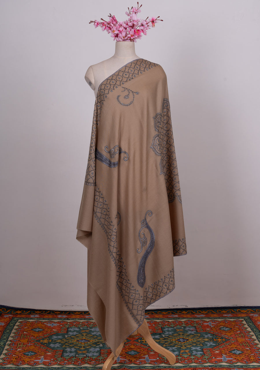 Desert Dusk Paisley Sozni Hand Embroidered Merino Wool Shawl
