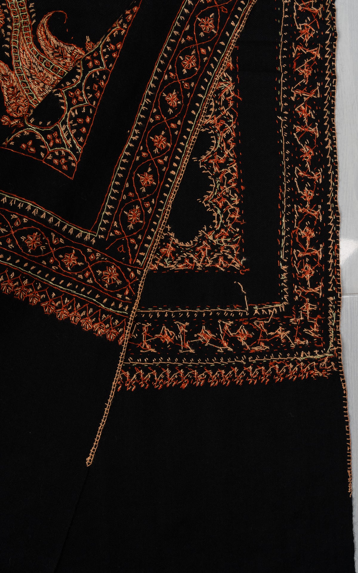 Nocturne Ember Border Sozni Hand Embroidered Merino Wool Shawl