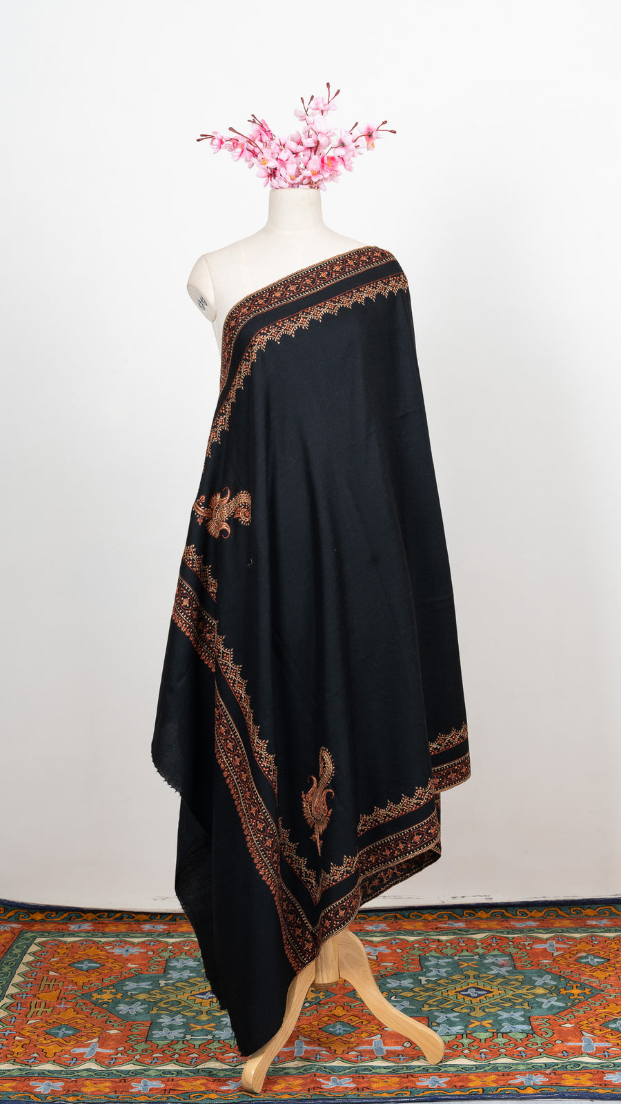 Nocturne Ember Border Sozni Hand Embroidered Merino Wool Shawl
