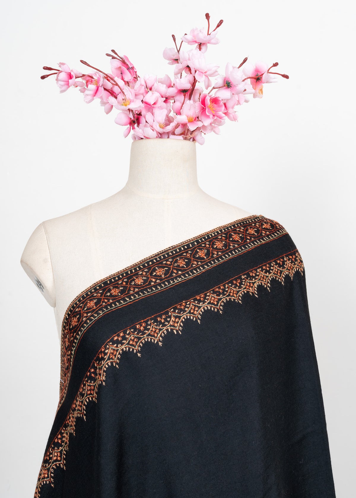 Nocturne Ember Border Sozni Hand Embroidered Merino Wool Shawl