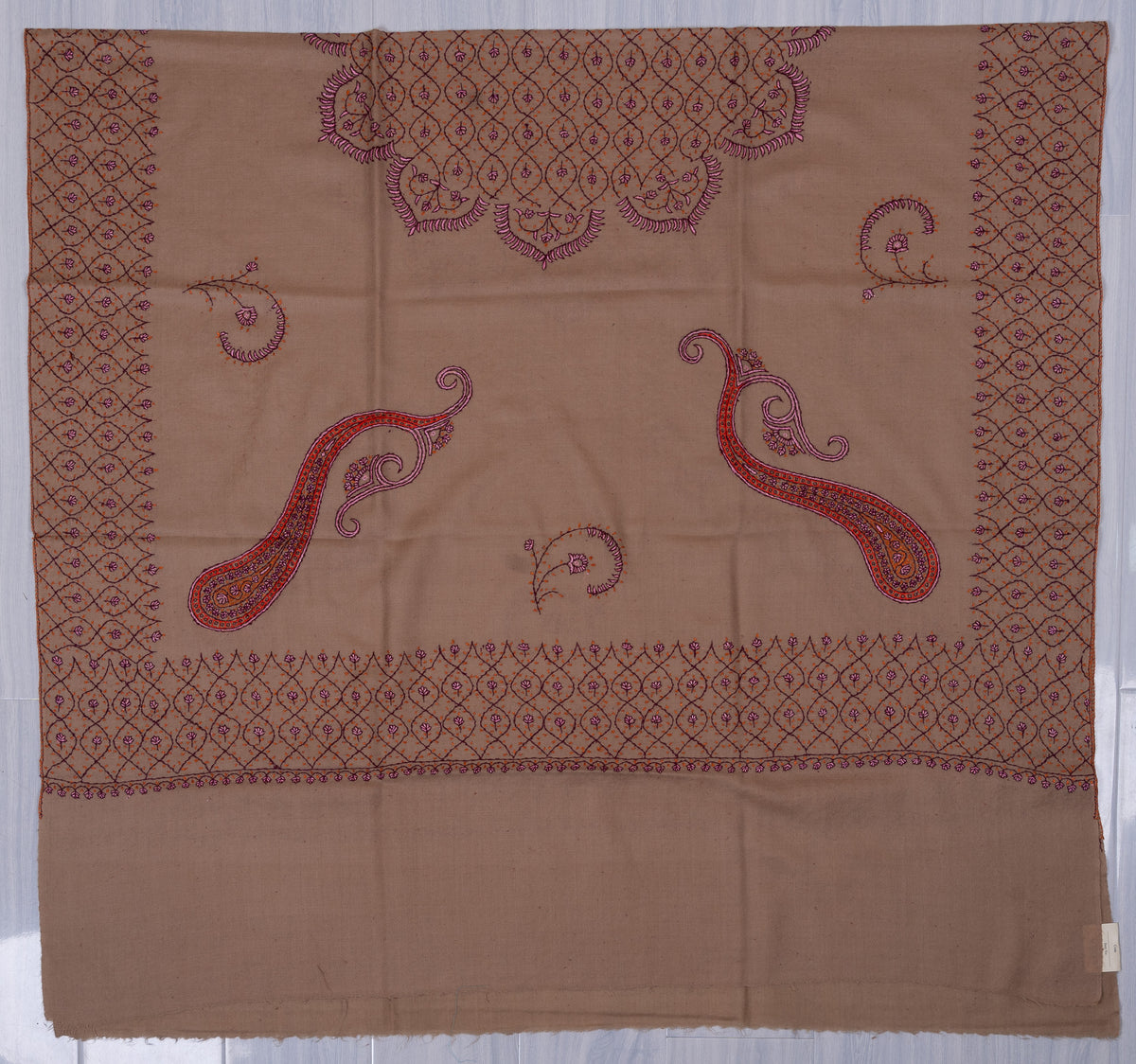 Warm Taupe Paisley Sozni Hand Embroidered Merino Wool Shawl