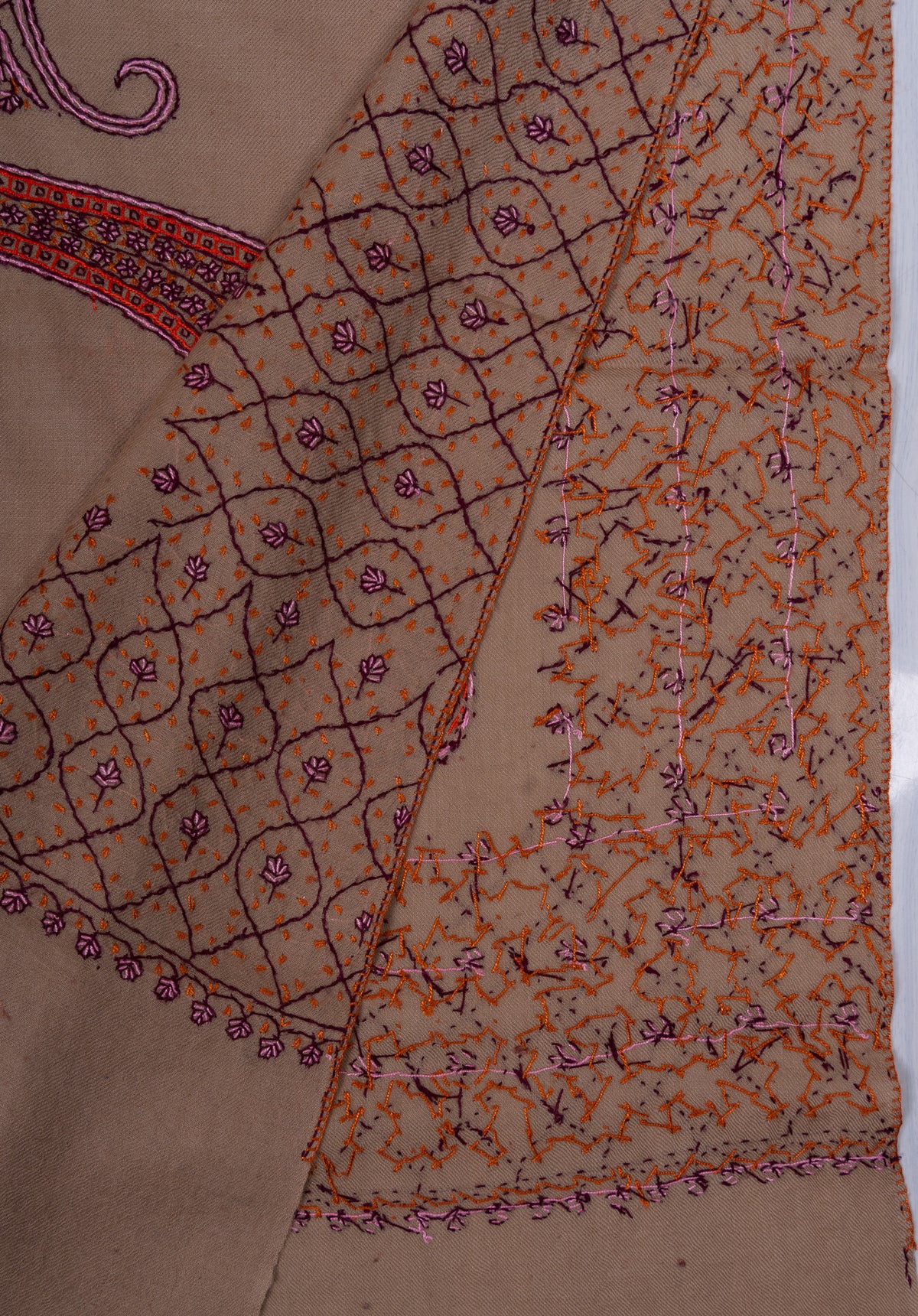 Warm Taupe Paisley Sozni Hand Embroidered Merino Wool Shawl