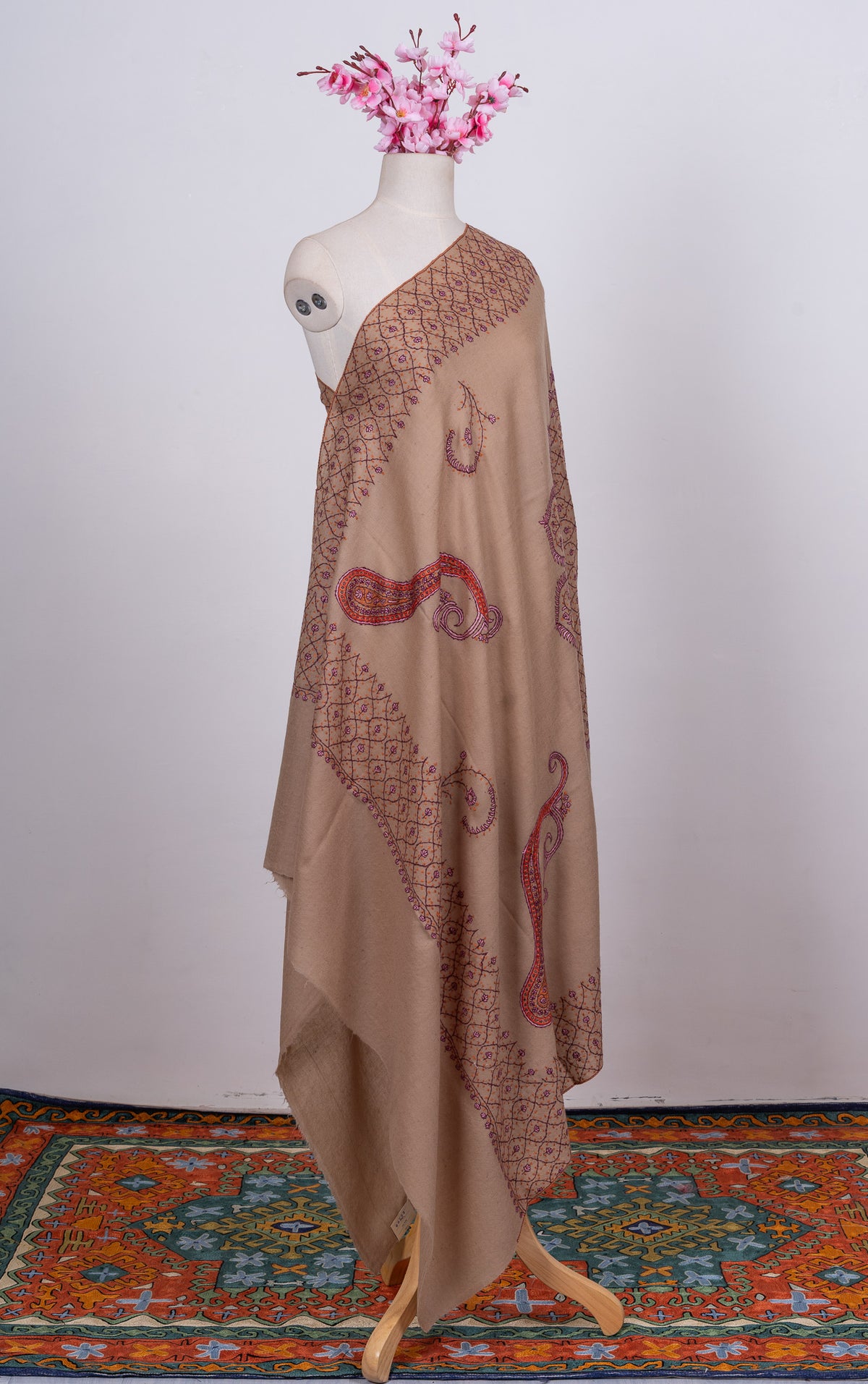 Warm Taupe Paisley Sozni Hand Embroidered Merino Wool Shawl