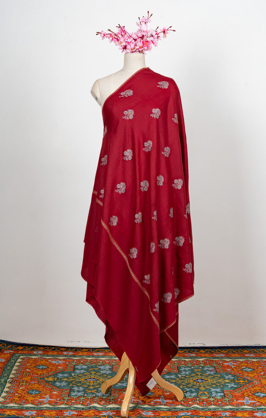 Crimson Bloom Buti Sozni Hand Embroidered Merino Wool Shawl