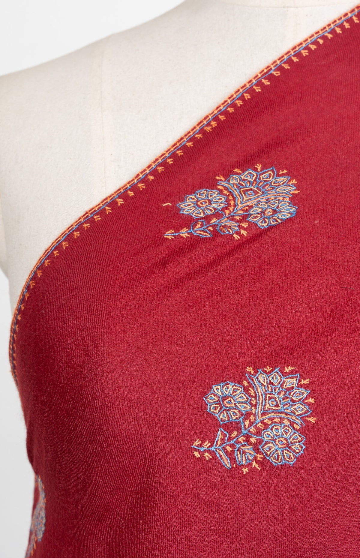 Crimson Bloom Buti Sozni Hand Embroidered Merino Wool Shawl