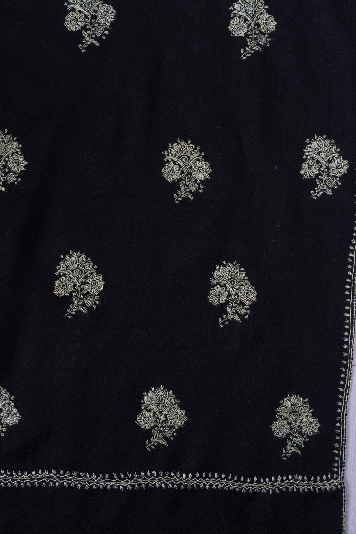 Verdant Night Buti Sozni Hand Embroidered Merino Wool Shawl