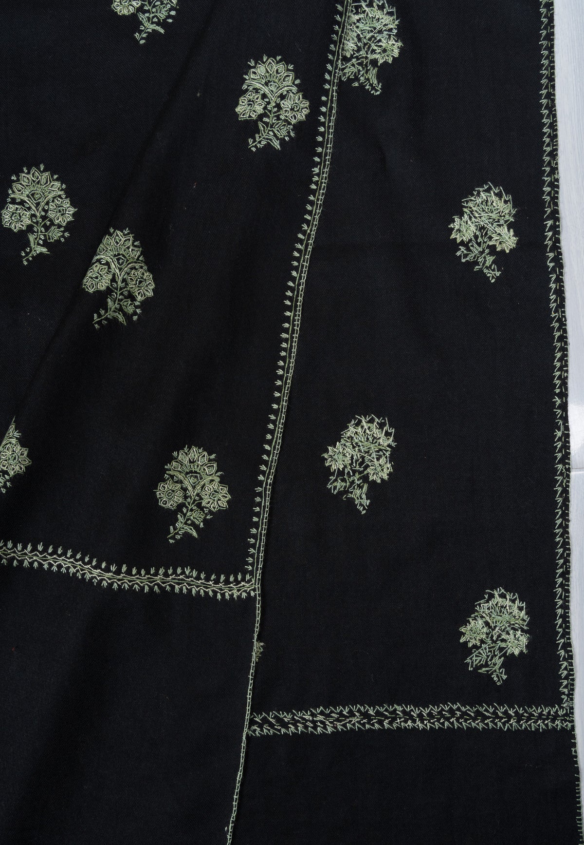 Verdant Night Buti Sozni Hand Embroidered Merino Wool Shawl