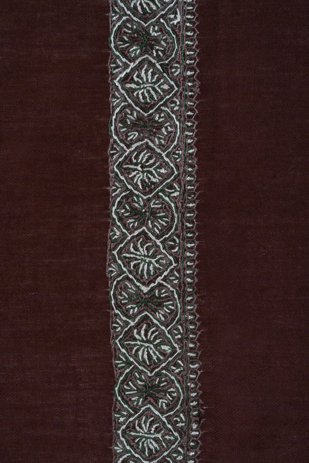 Silver-grey Sozni diamond flowers and leaf shapes along a narrow chestnut-brown rumal border