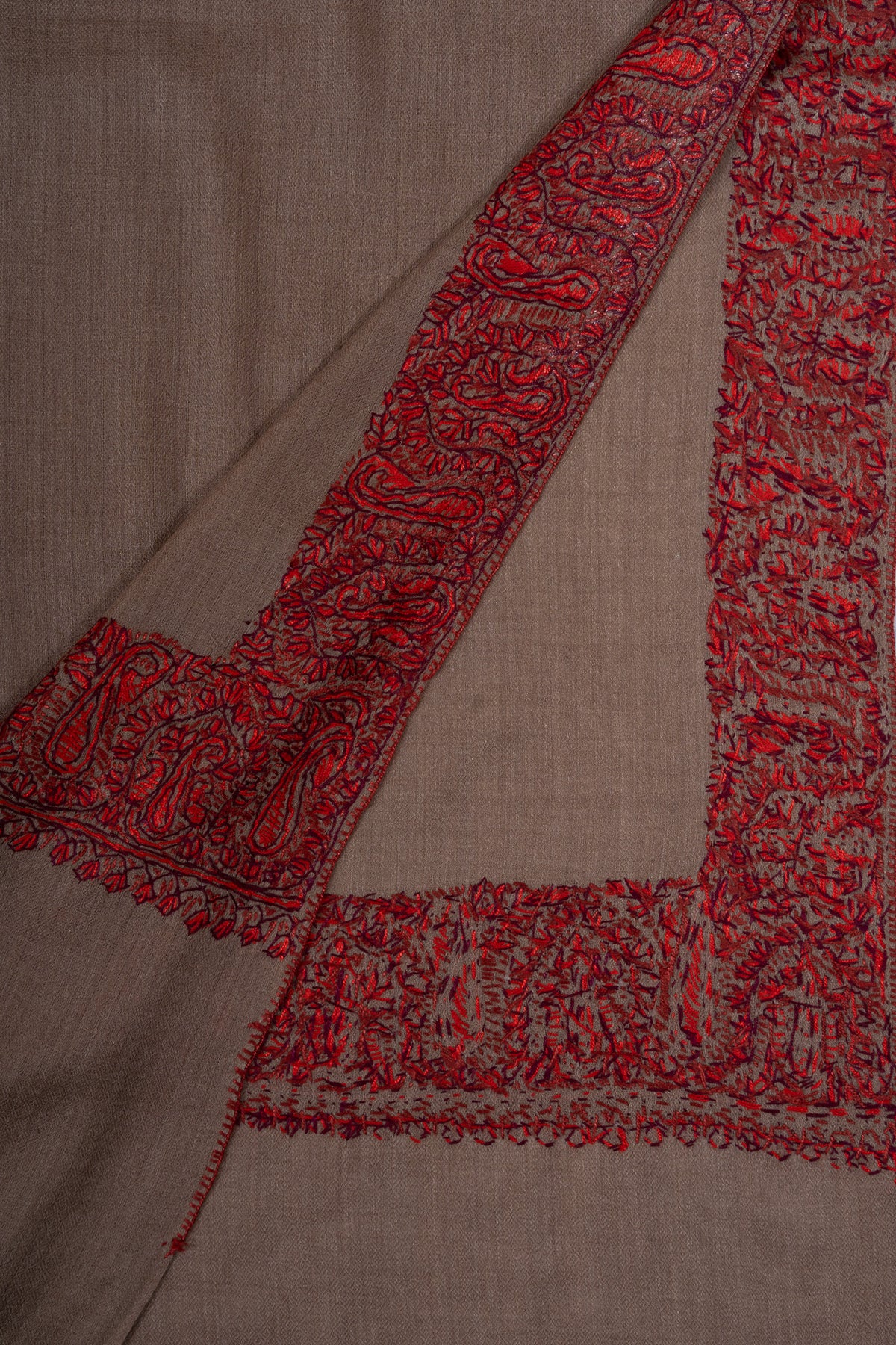 Taupe Crimson Border 2.5 Yards Sozni Hand Embroidered Shawl