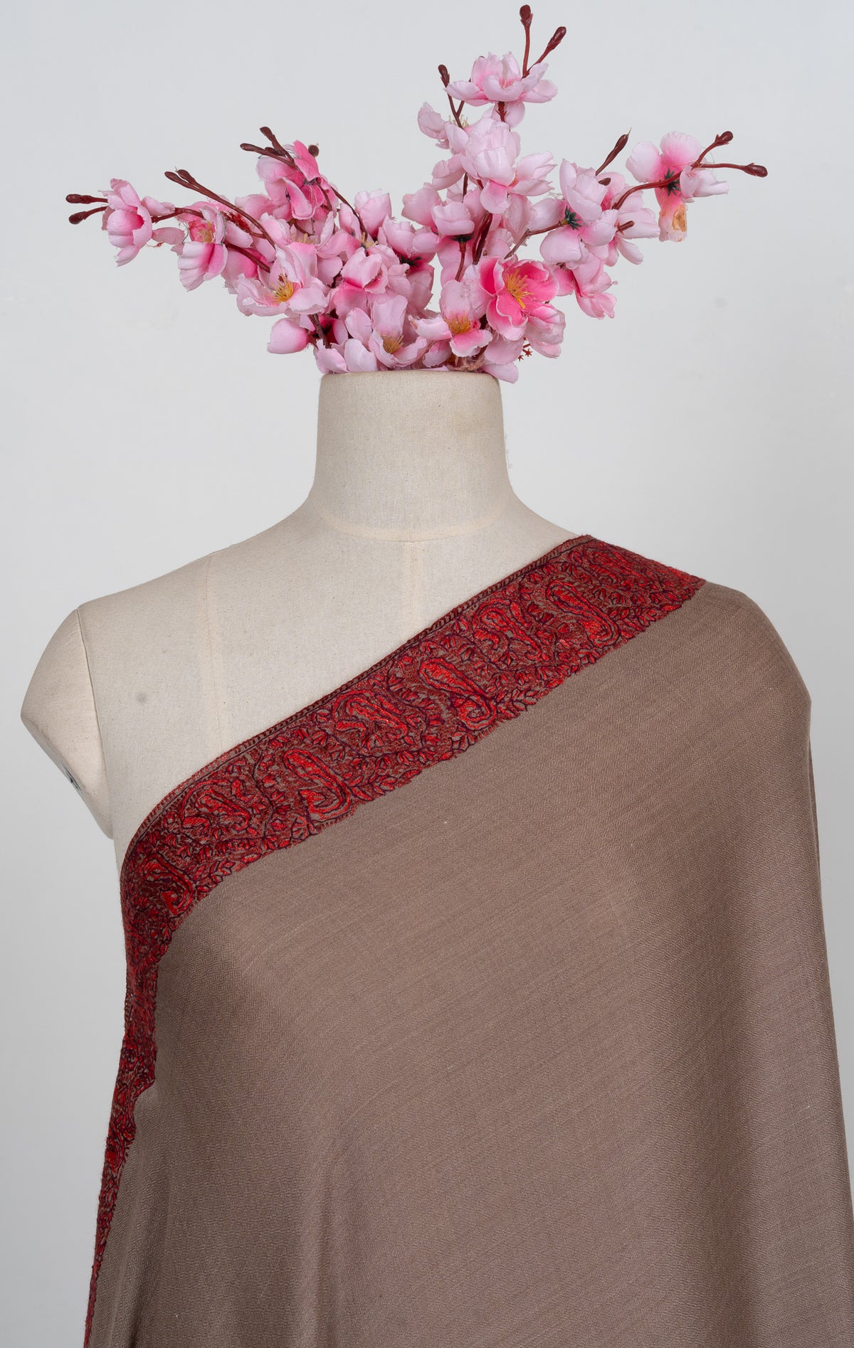 Taupe Crimson Border 2.5 Yards Sozni Hand Embroidered Shawl