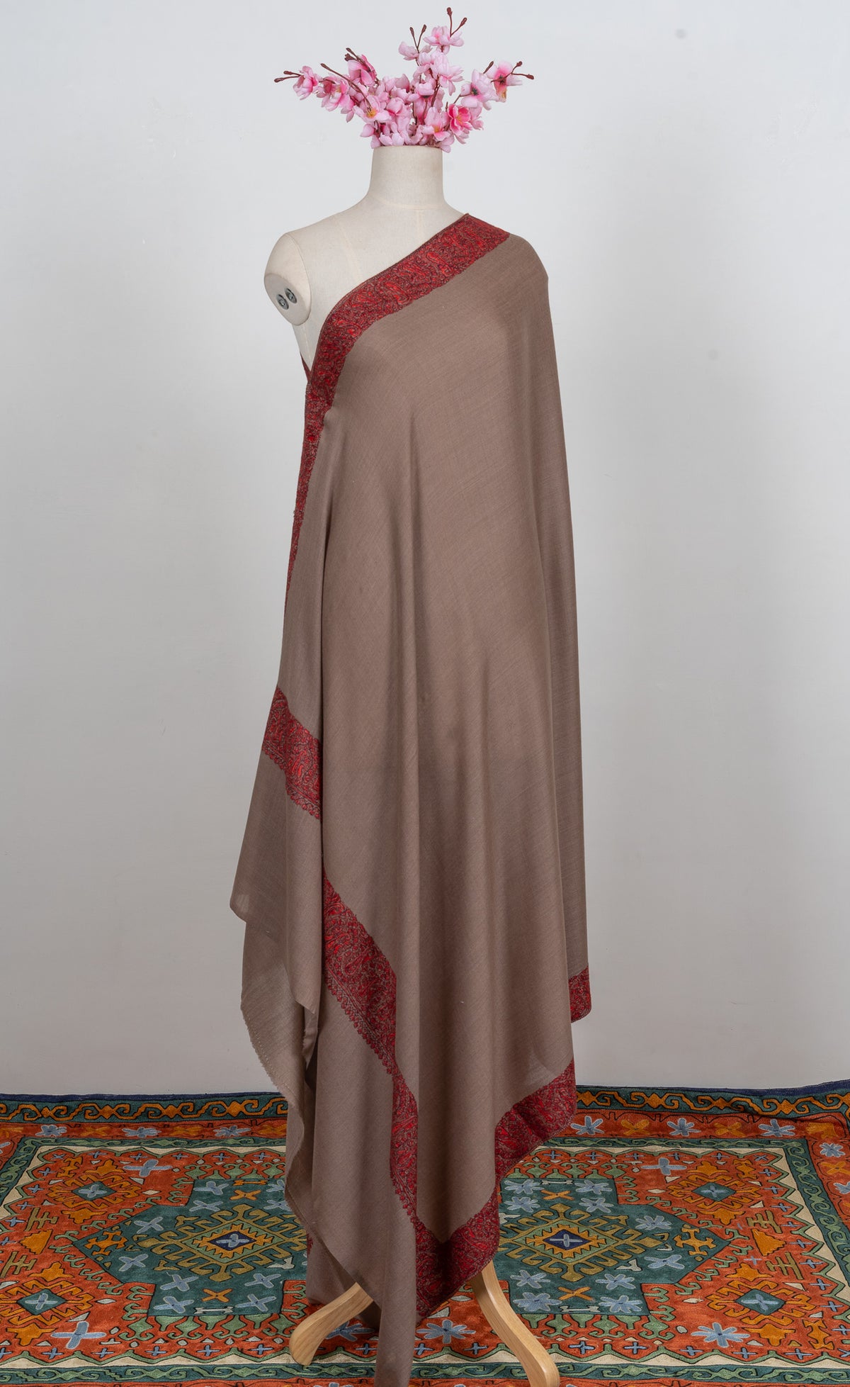 Taupe Crimson Border 2.5 Yards Sozni Hand Embroidered Shawl