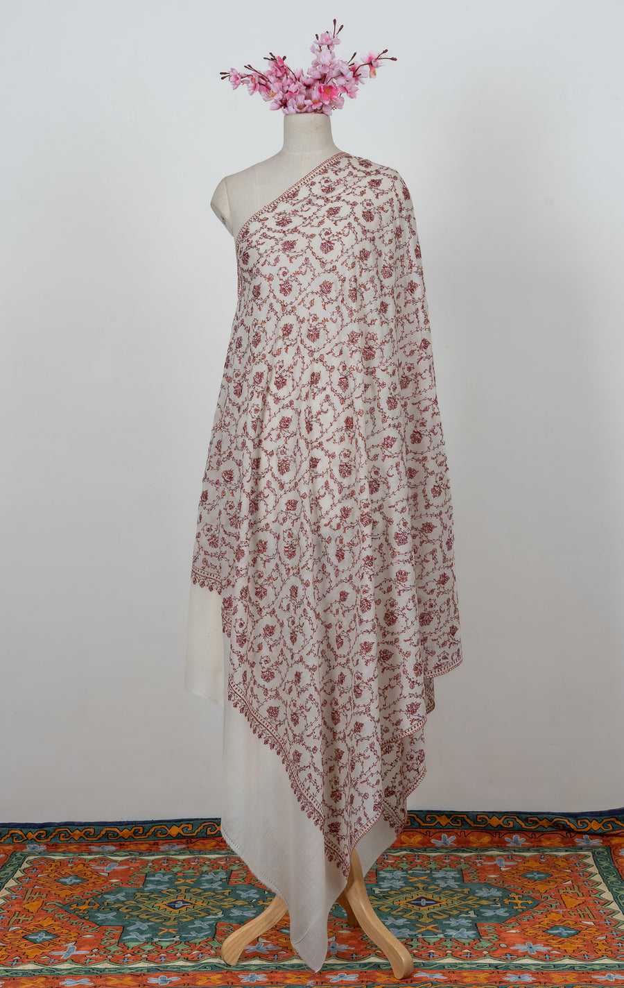 Ivory Rust Jaal 2.5 Yards Sozni Hand Embroidered Shawl