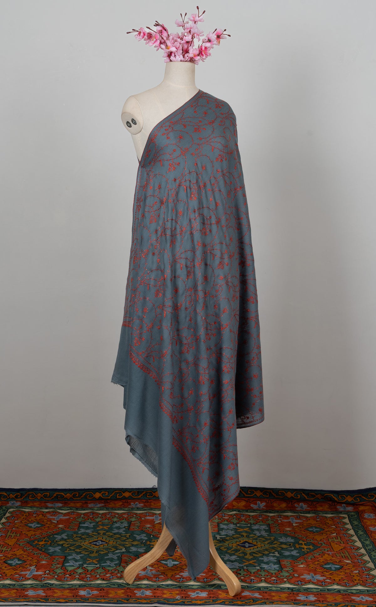 Steel Teal Bloom 2.5 Yards Sozni Hand Embroidered Shawl