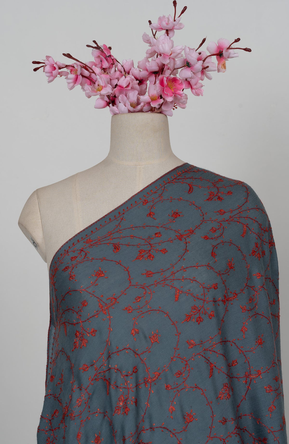 Steel Teal Bloom 2.5 Yards Sozni Hand Embroidered Shawl