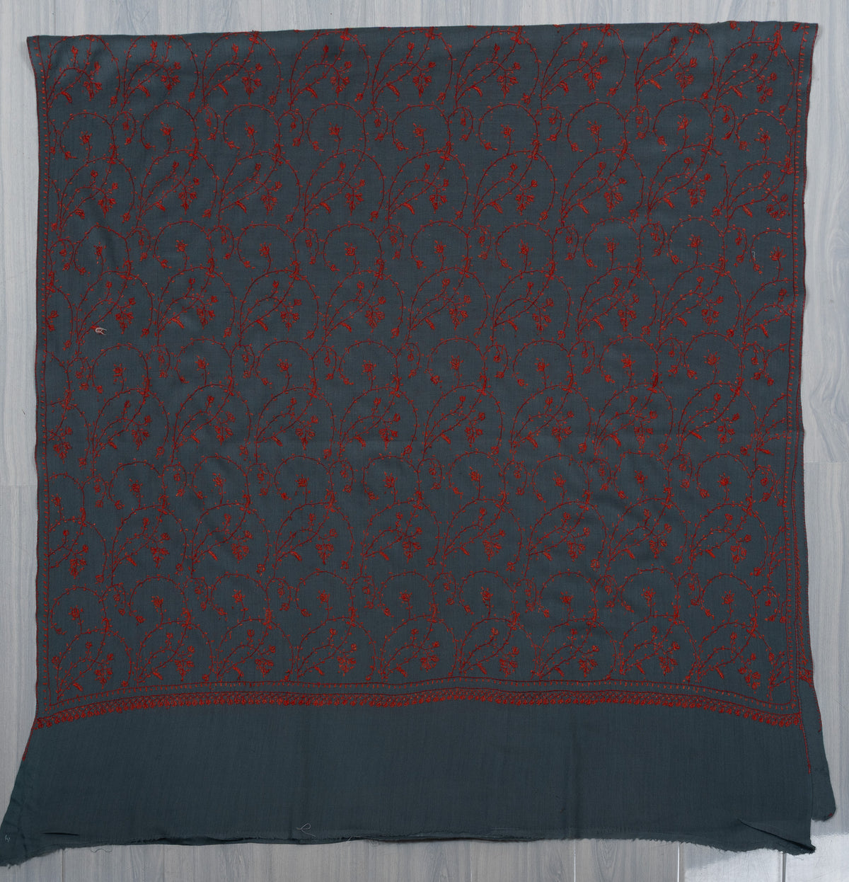 Steel Teal Bloom 2.5 Yards Sozni Hand Embroidered Shawl