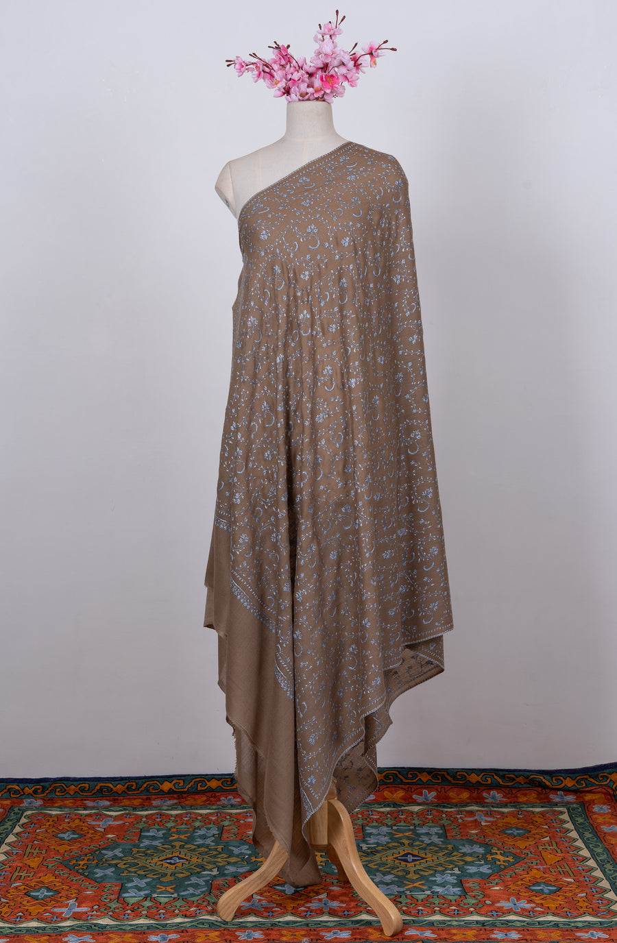Walnut Blue Jaal 2.5 Yards Sozni Hand Embroidered Shawl