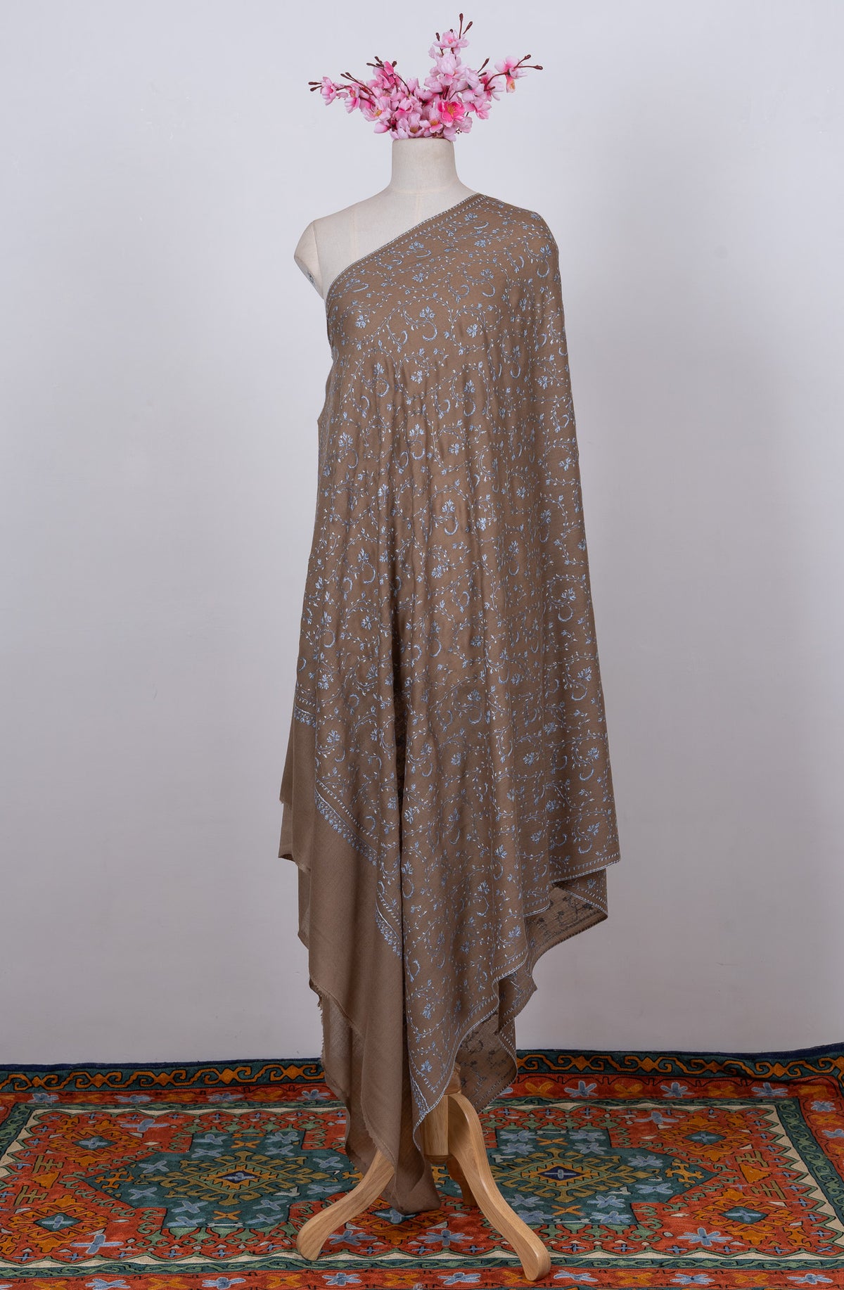 Walnut Blue Jaal 2.5 Yards Sozni Hand Embroidered Shawl