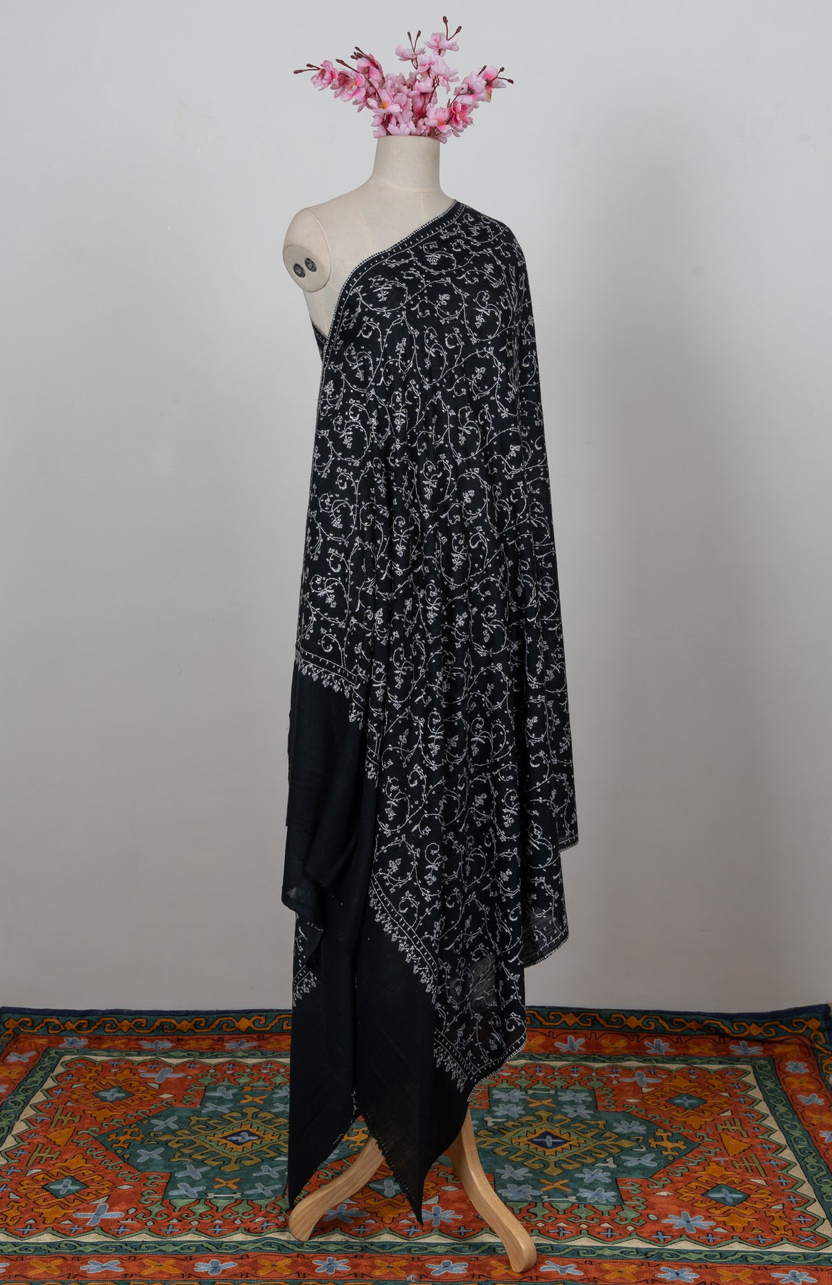 Midnight Ivory Jaal 2.5 Yards Sozni Hand Embroidered Shawl