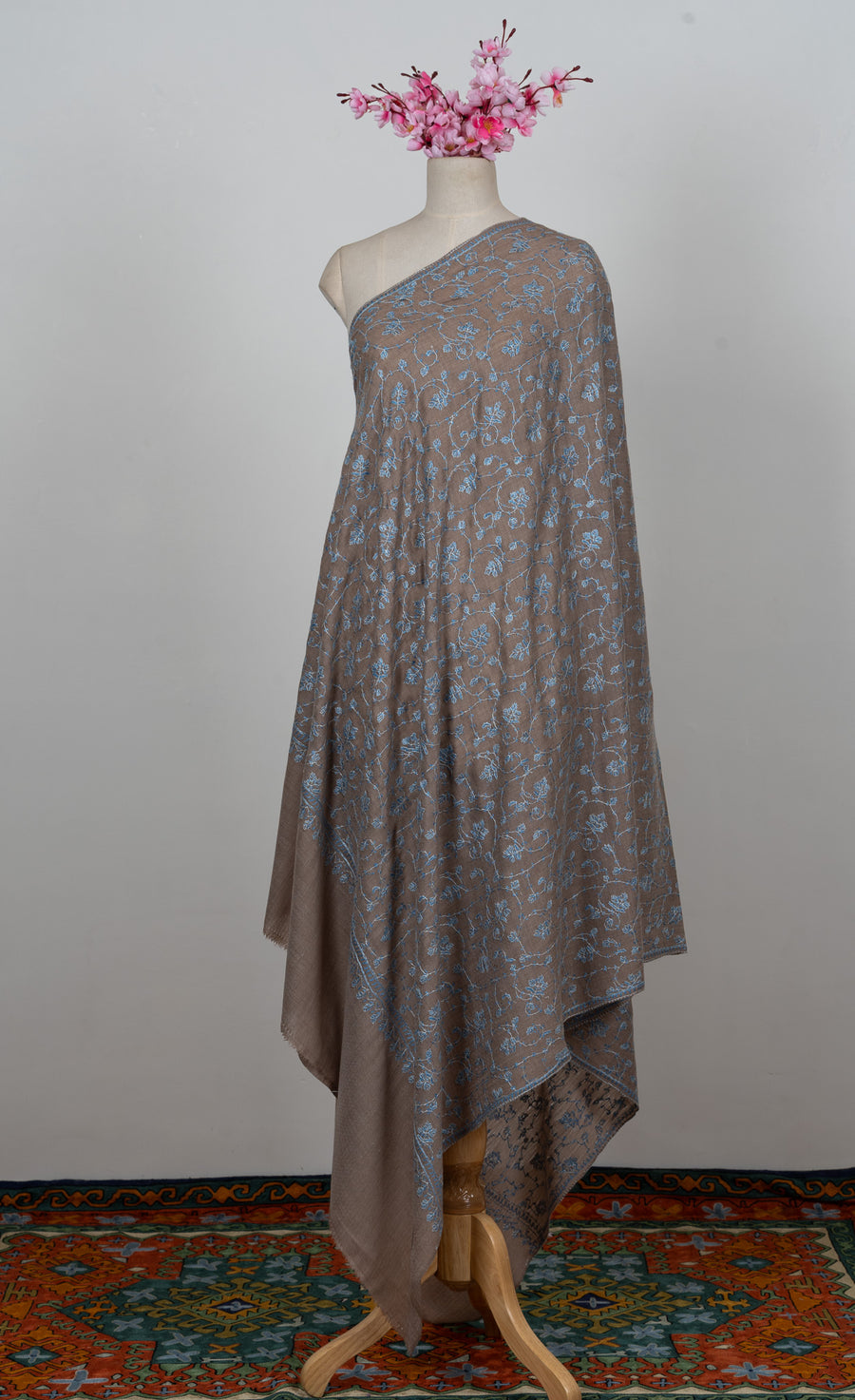 Warm Taupe Blue Bloom 2.5 Yards Sozni Hand Embroidered Shawl
