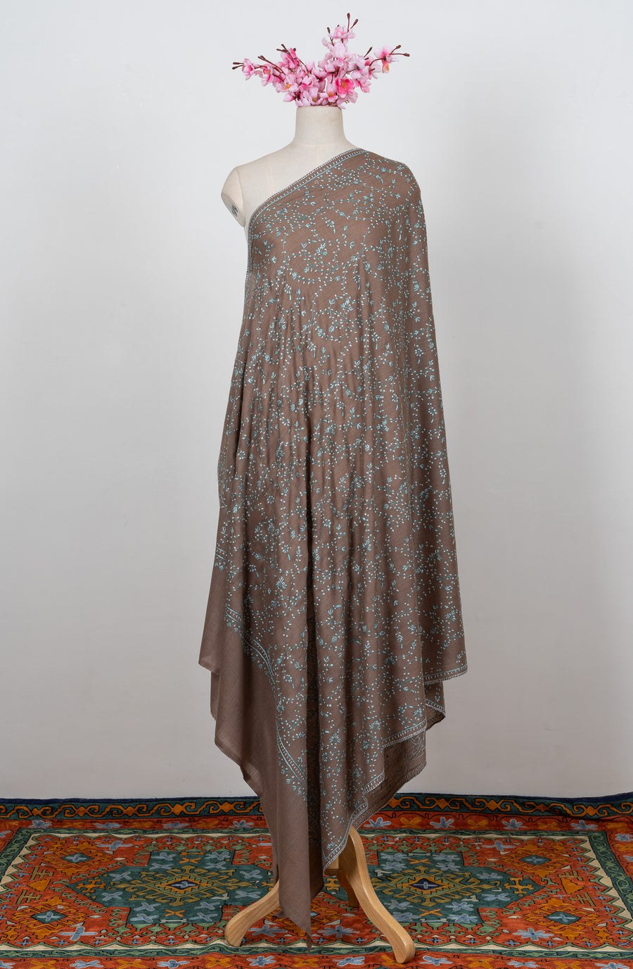 Cocoa Mist Jaal 2.5 Yards Sozni Hand Embroidered Shawl