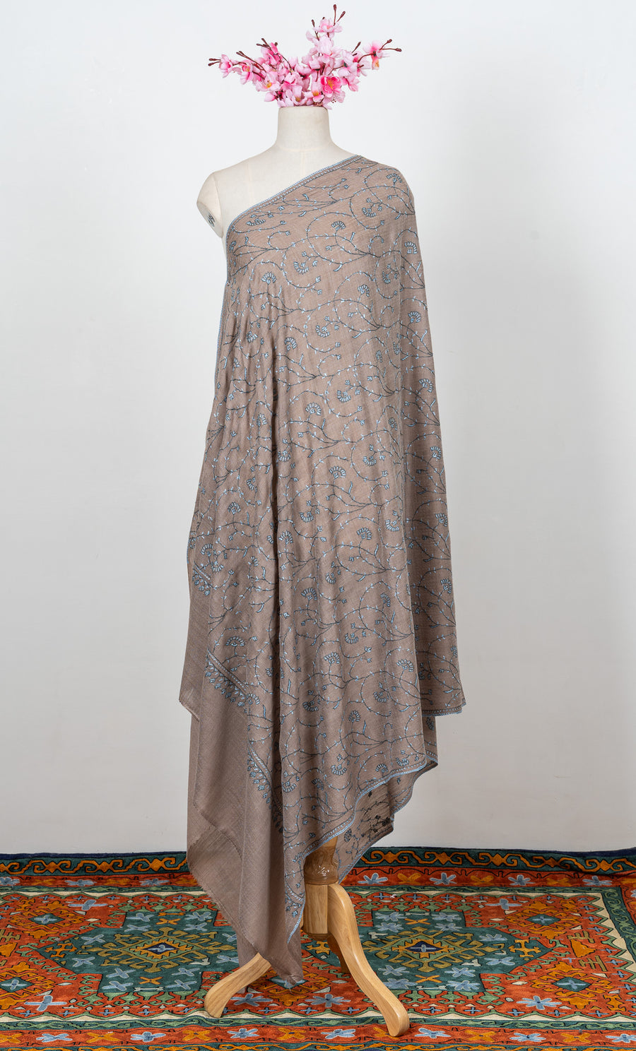 Mushroom Blue Vine 2.5 Yards Sozni Hand Embroidered Shawl
