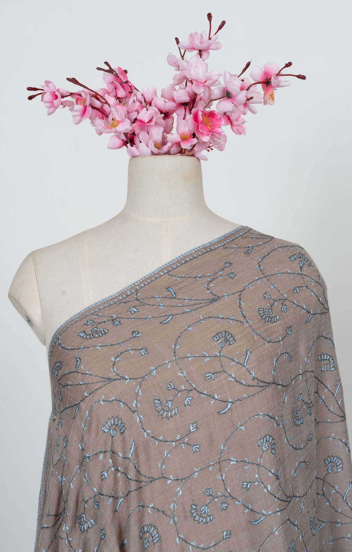 Mushroom Blue Vine 2.5 Yards Sozni Hand Embroidered Shawl