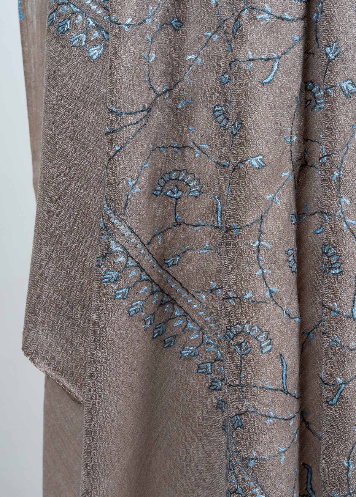 Mushroom Blue Vine 2.5 Yards Sozni Hand Embroidered Shawl