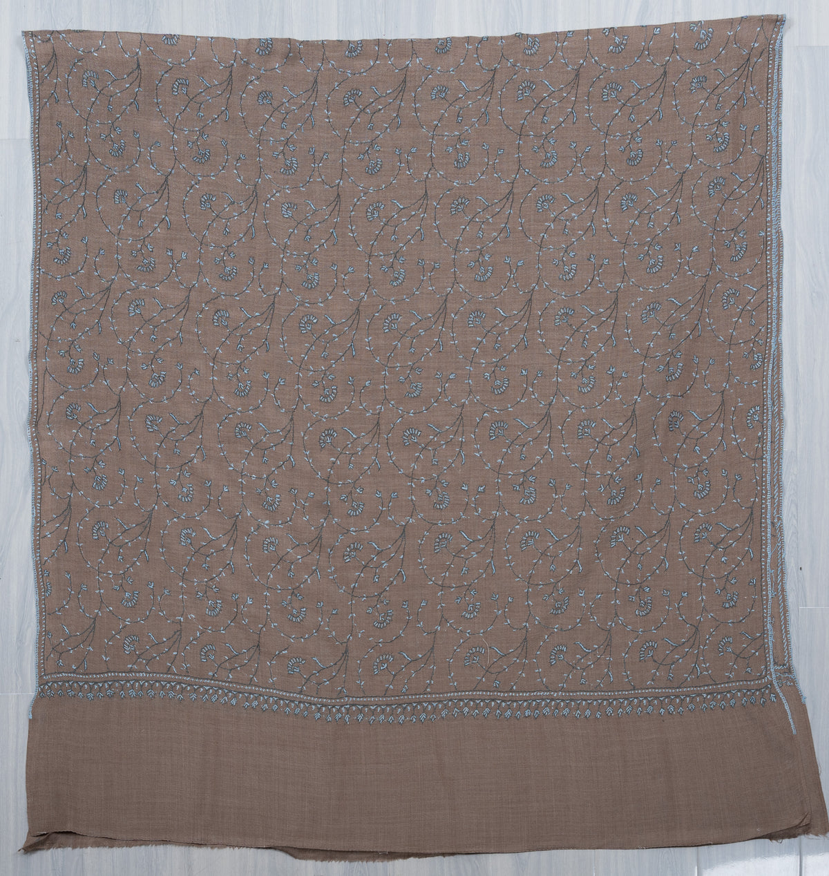 Mushroom Blue Vine 2.5 Yards Sozni Hand Embroidered Shawl